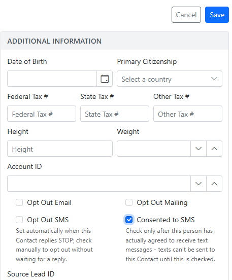 ClientManager's Consented to SMS checkbox on a Contact record